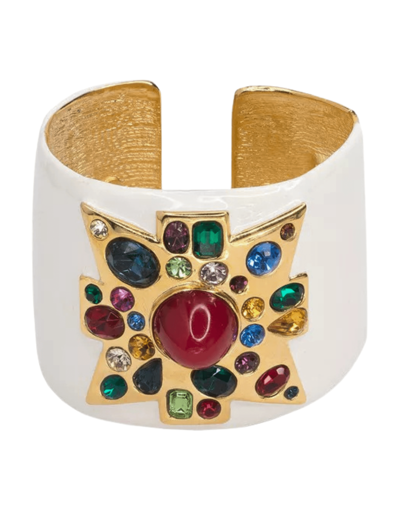 Fleur de Camélia Sadie cuff bracelet in white with gold Maltese cross and multi-color gemstones