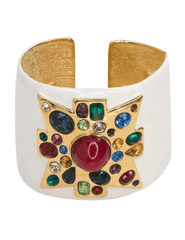 Fleur de Camélia Sadie cuff bracelet in white with gold Maltese cross and multi-color gemstones