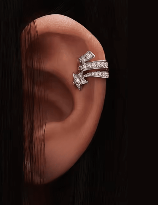 Close-up of cubic zirconia star design on Ariana Single Star Ear Cuff