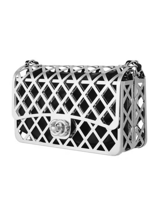 Fleur de Camélia silver metal geometric cage crossbody bag with black pouch