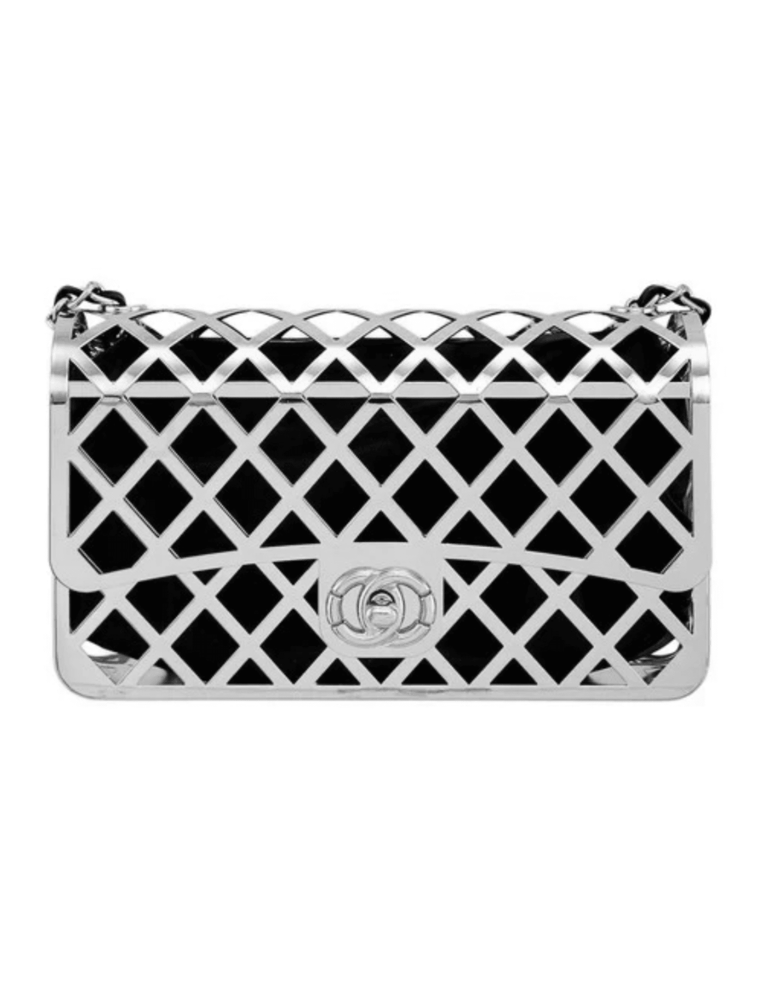 Fleur de Camélia silver metal geometric cage crossbody bag with black pouch