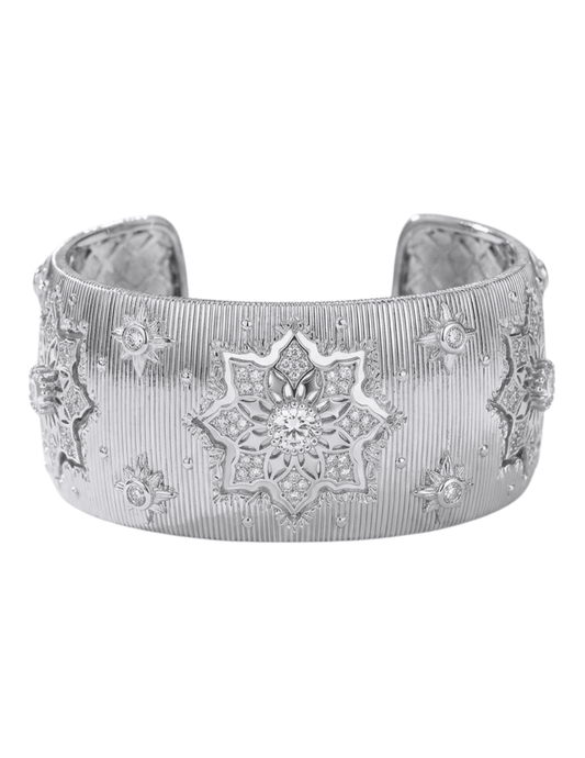 Fleur de Camélia Sima textured silver open cuff bangle with crystal star detailing