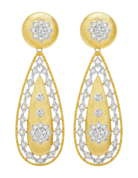 Fleur de Camélia Sofia Dangle Earrings in gold with textured metal and CZ teardrop design