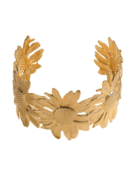 Adjustable open cuff gold sunflower bracelet by Fleur de Camélia