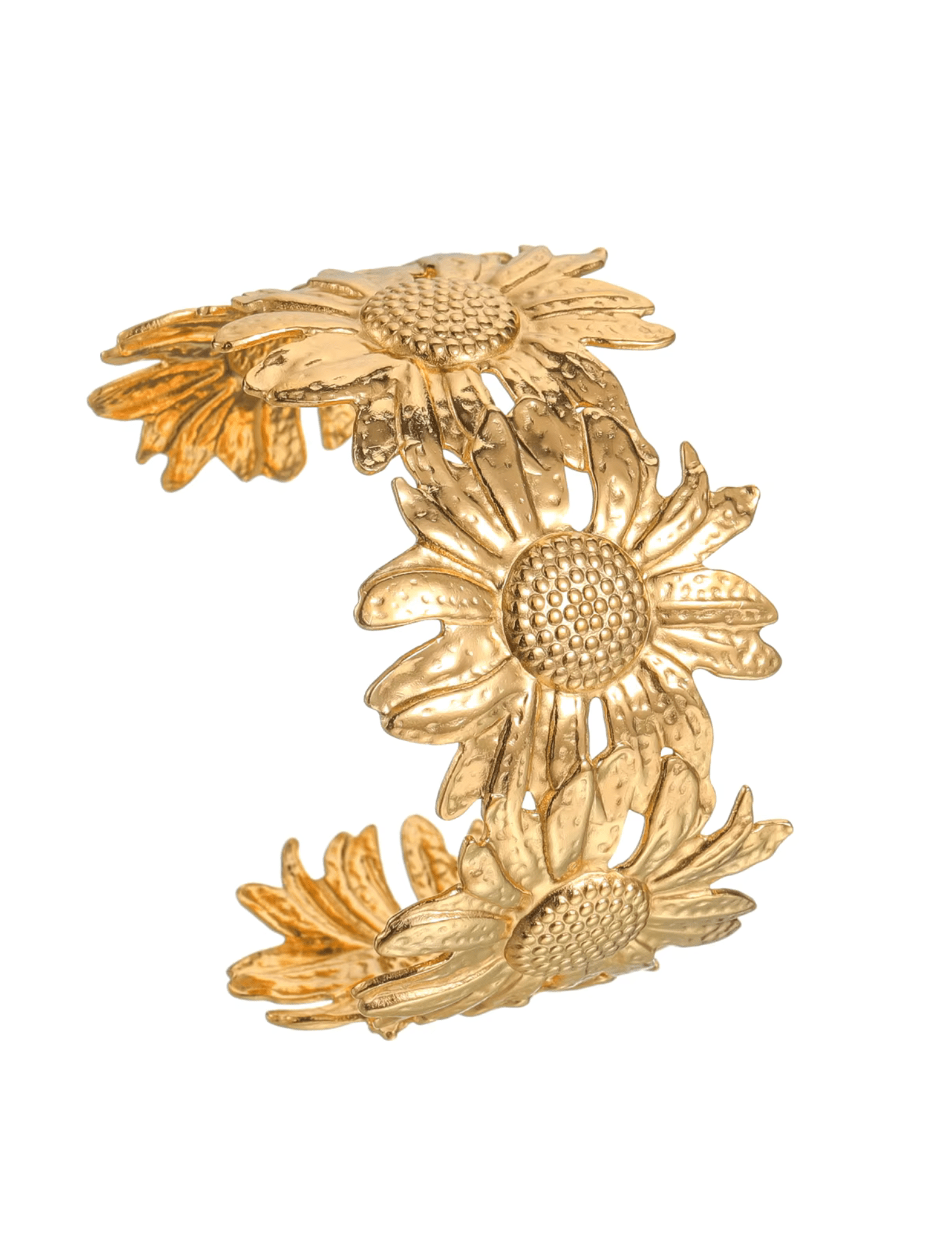 Side view of Fleur de Camélia sunflower bracelet with detailed gold petals