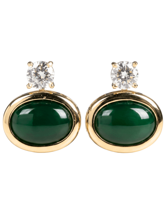 Fleur de Camélia Sutton Earrings in Gold and Green featuring CZ rhinestone posts and green bezel-set gemstones