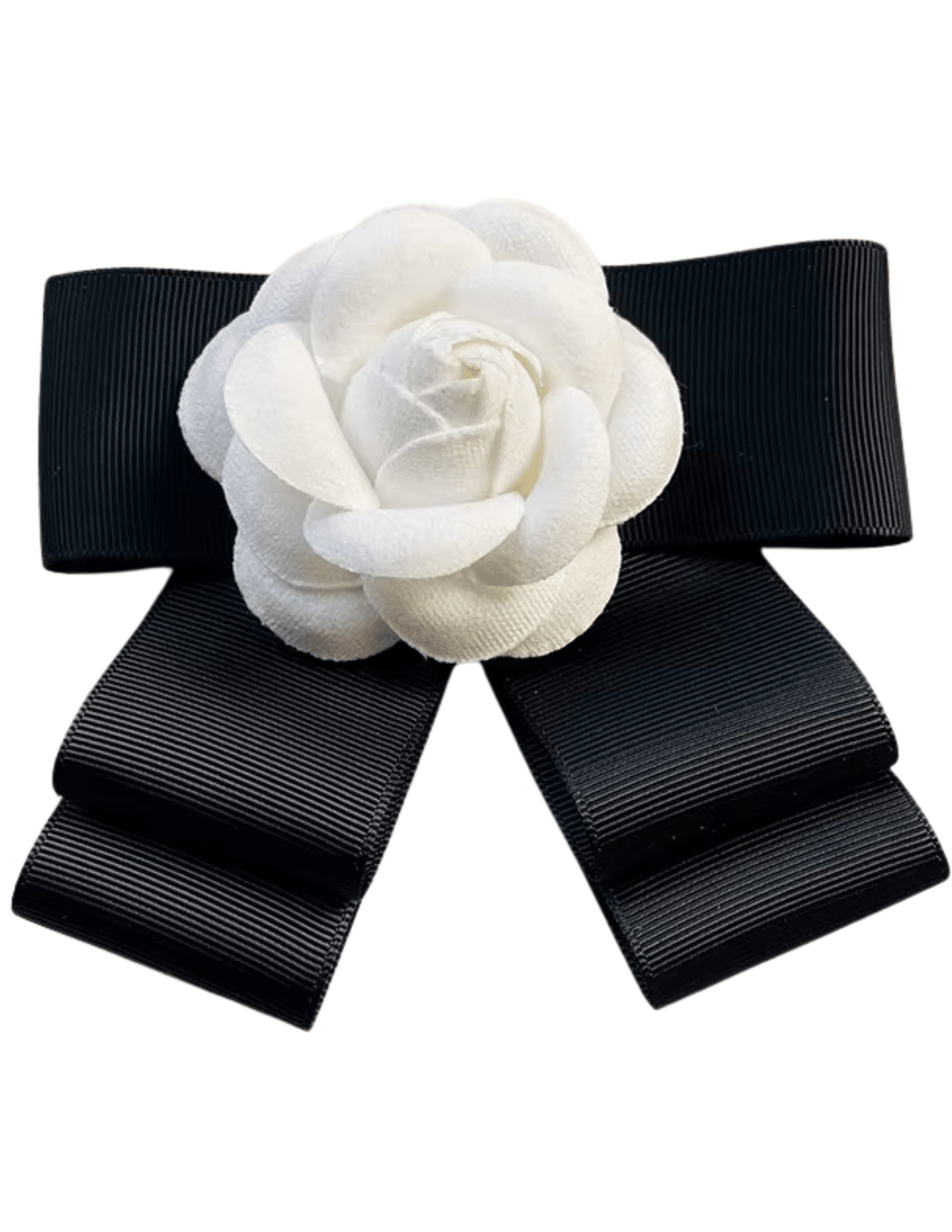 Fleur de Camélia Tammi Grosgrain Ribbon Brooch with black grosgrain ribbon bow and white camellia flower appliqué.