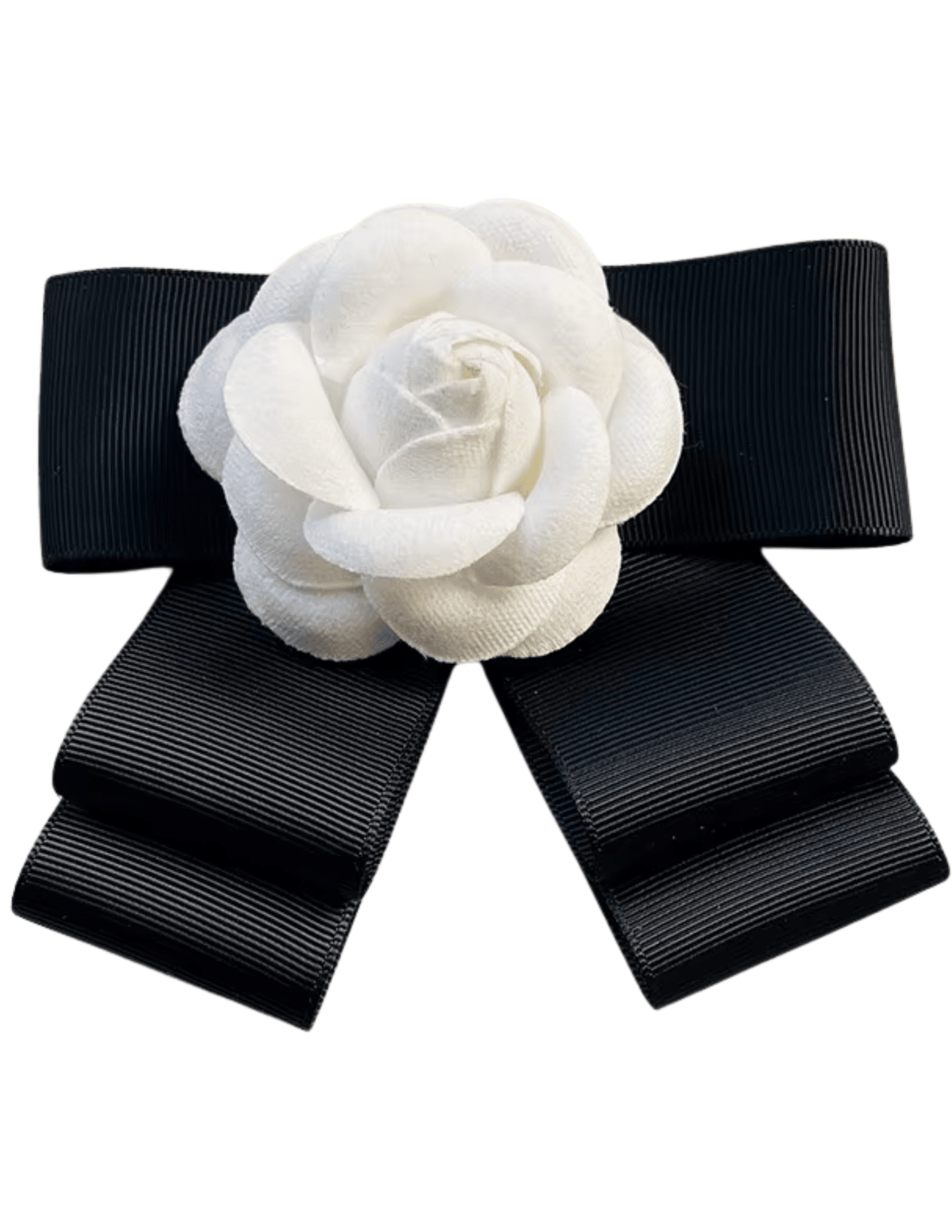 Fleur de Camélia Tammi Grosgrain Ribbon Brooch with black grosgrain ribbon bow and white camellia flower appliqué.