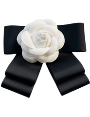 Fleur de Camélia Tammi Grosgrain Ribbon Brooch with black grosgrain ribbon bow and white camellia flower appliqué.