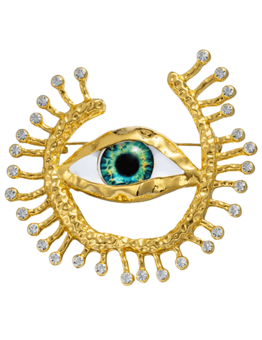 Fleur de Camélia Tana surrealist eye hoop brooch in gold and blue