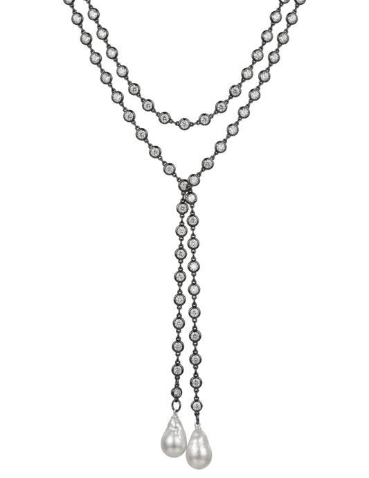 Fleur de Camélia Tatum CZ Pearl Lariat Necklace in Black