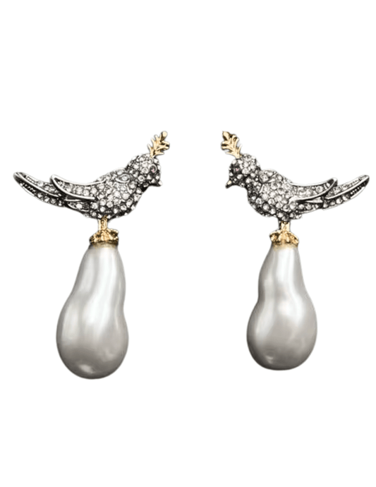 Fleur de Camélia Taya rhinestone bird on pearl drop earrings