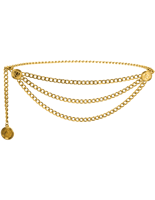 Fleur de Camélia gold chain triple chain belt with coin charms and adjustable chain closure
