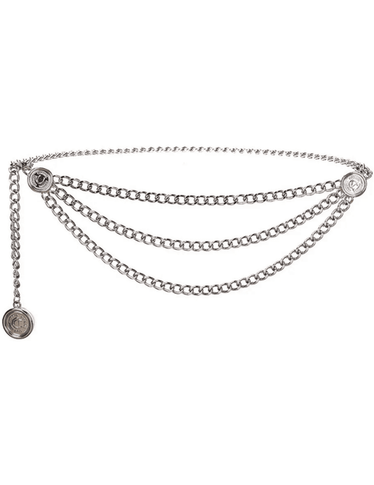 Fleur de Camélia silver triple chain belt with coin charms and adjustable chain closure