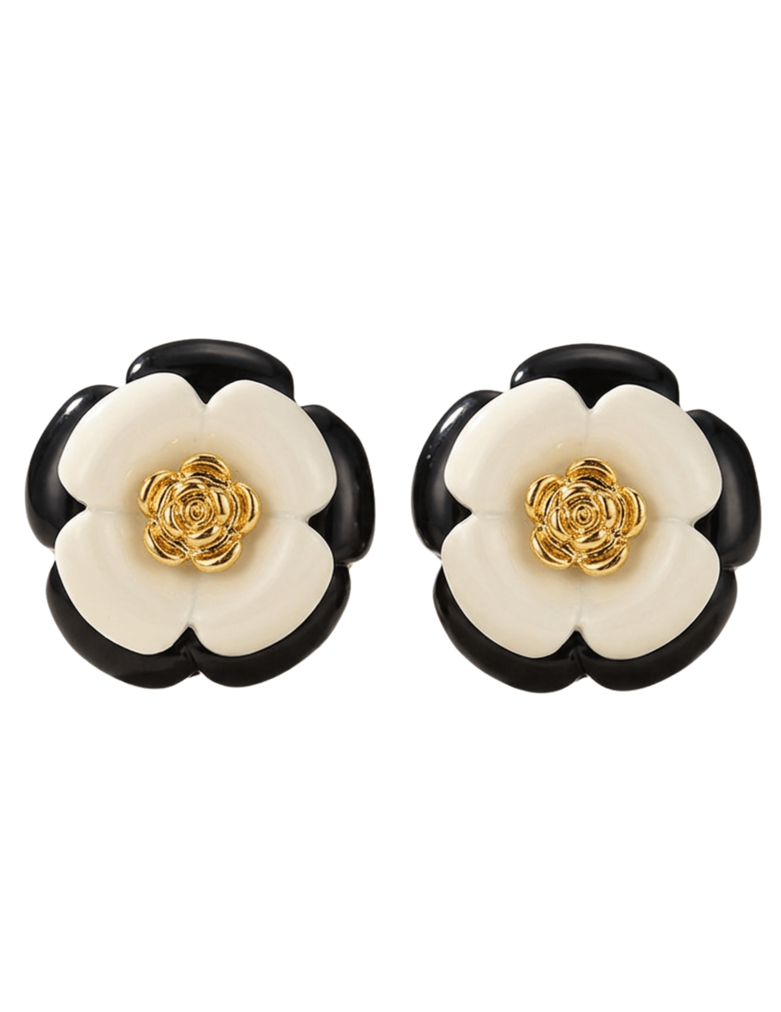 Fleur de Camélia Willa Large Camelia Stud Earrings in black and white resin with gold-tone floral centers.