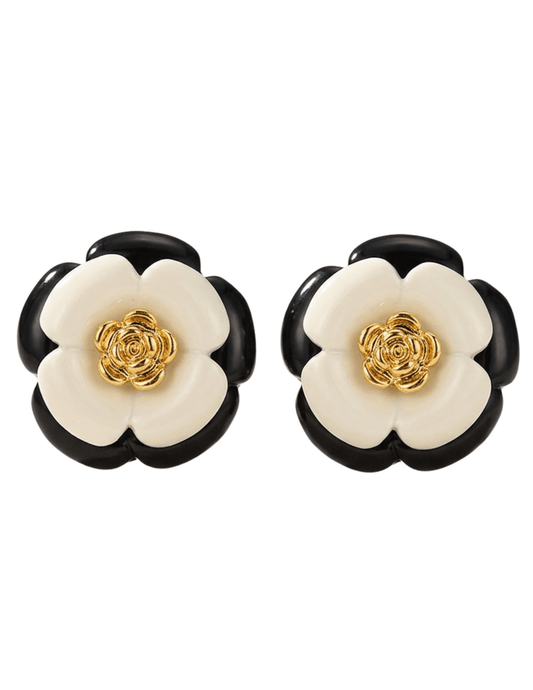 Fleur de Camélia Willa Large Camelia Stud Earrings in black and white resin with gold-tone floral centers.