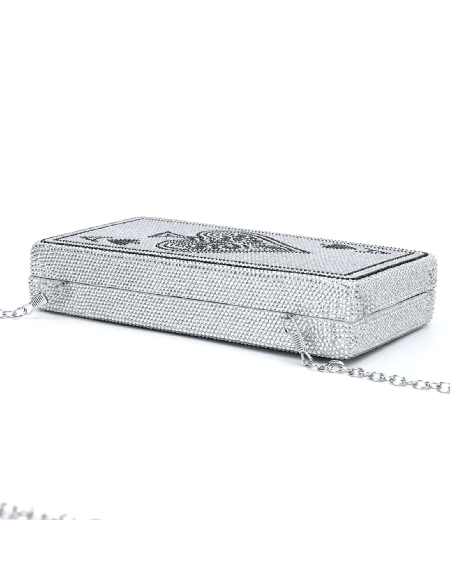 Fleur de Camélia Wynn Crystal Clutch in Silver Multi with Ace of Spades rhinestone design flat