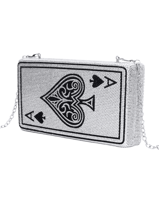 Fleur de Camélia Wynn Crystal Clutch in Silver Multi with Ace of Spades rhinestone design with chain
