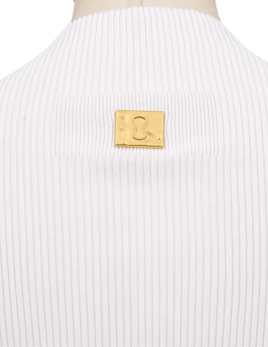 Back detail of white ribbed knit tank with gold hardware accent