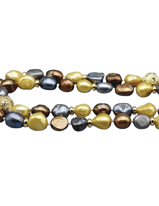 Long freshwater pearl necklace with brown and multi-colored pearls