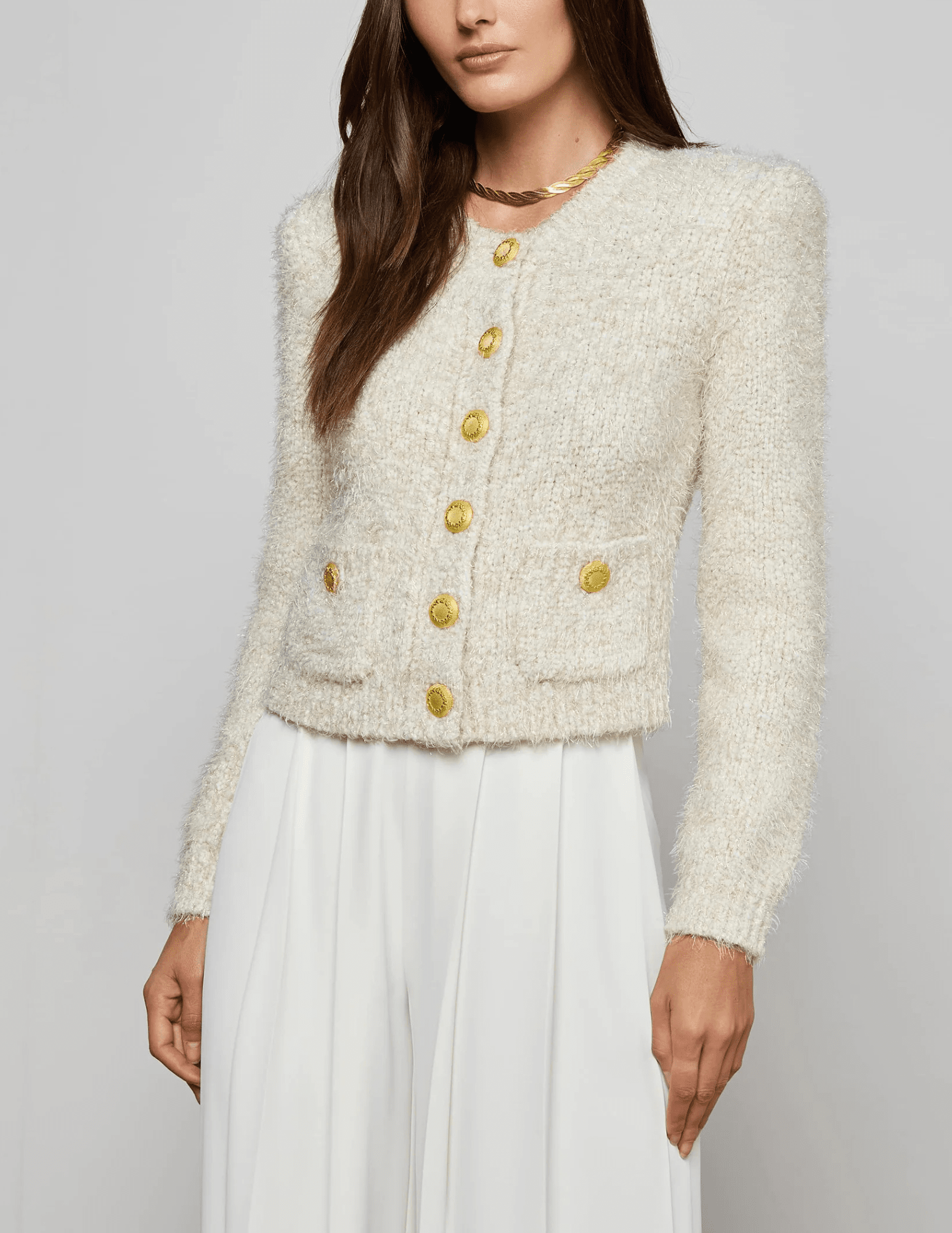 L'AGENCE L'Agence Una Knit Metallic Cardigan in Ivory Gold Multi front view