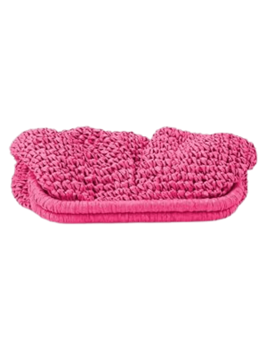 St. Barths August fuchsia woven straw pouch clutch layng flat
