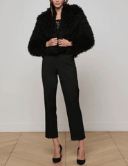 full body view od L'AGENCE Aura Crop Faux Fur Jacket in Black