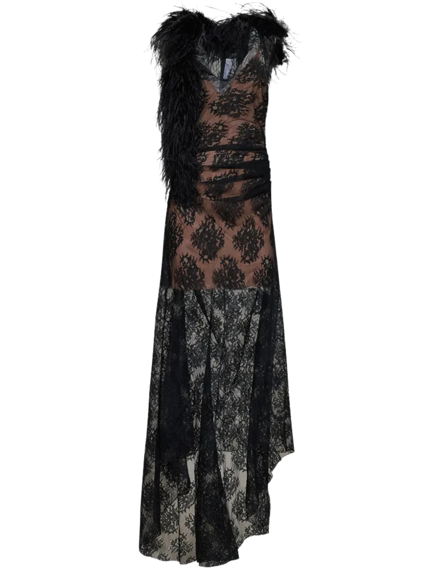 Giuseppe Di Morabito black feather trim gown featuring sheer floral lace, a plunging V-neckline and dramatic asymmetrical maxi silhouette.