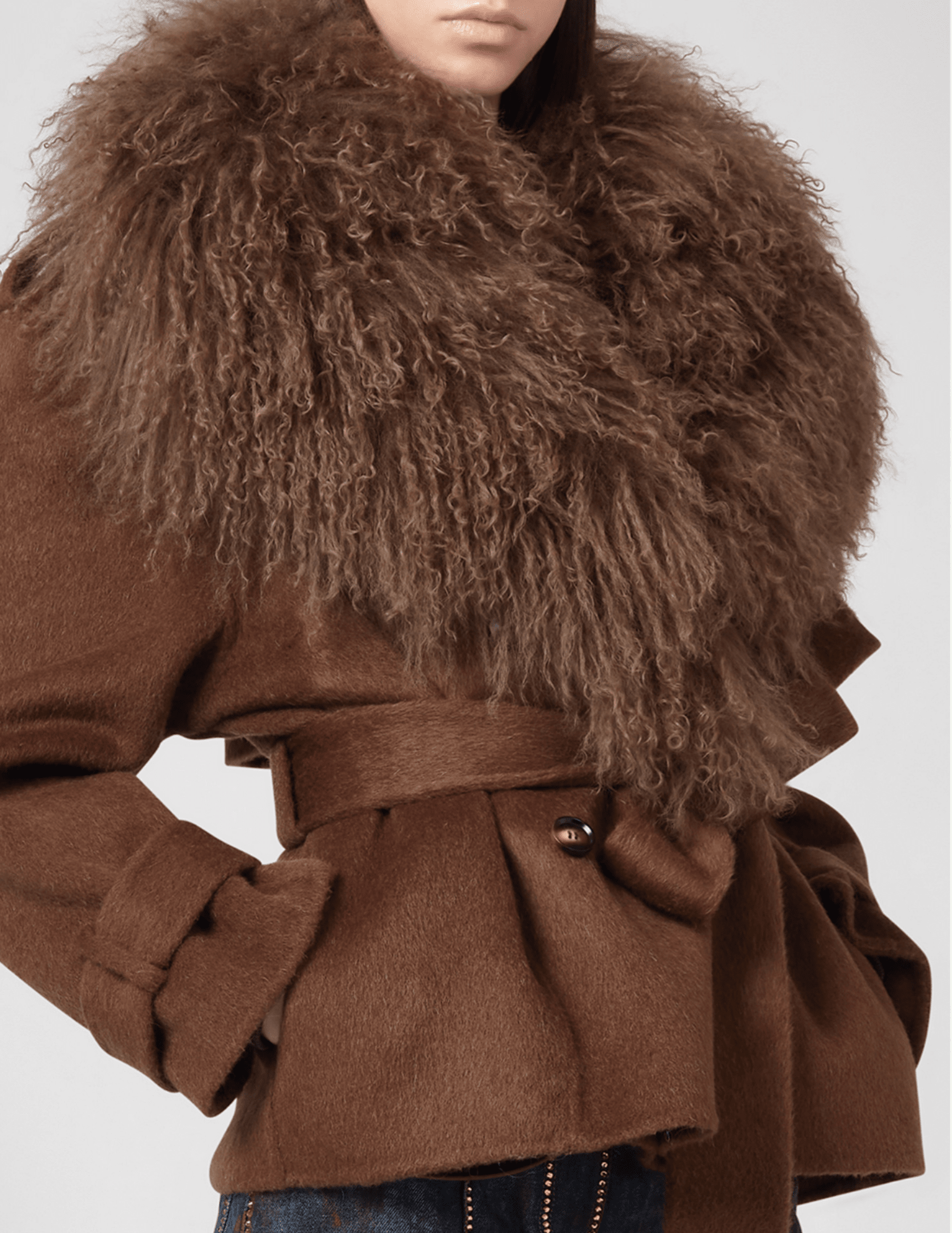 Giuseppe Di Morabito cropped wool trench in brown closeup details