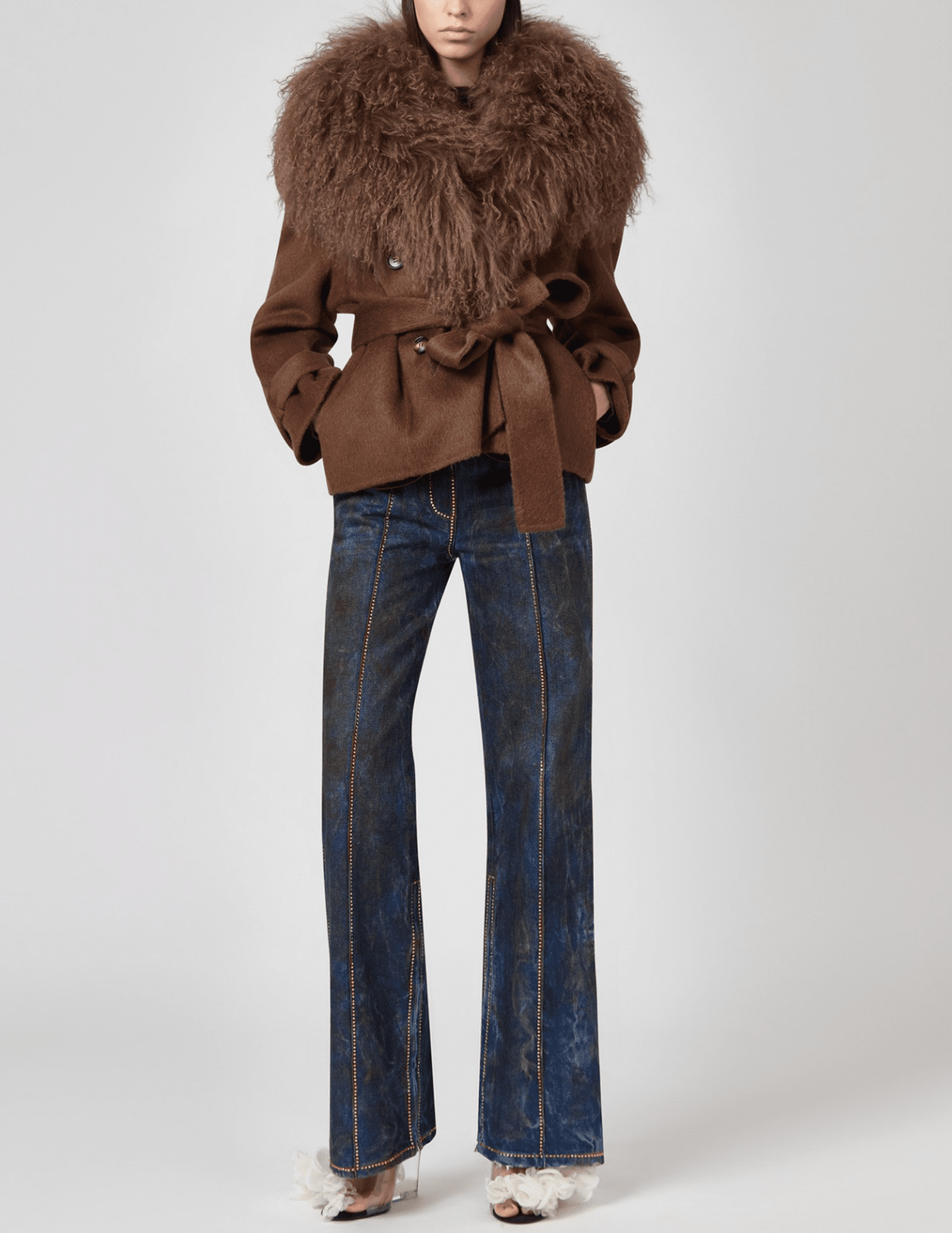 Front view of Giuseppe Di Morabito cropped wool trench in brown