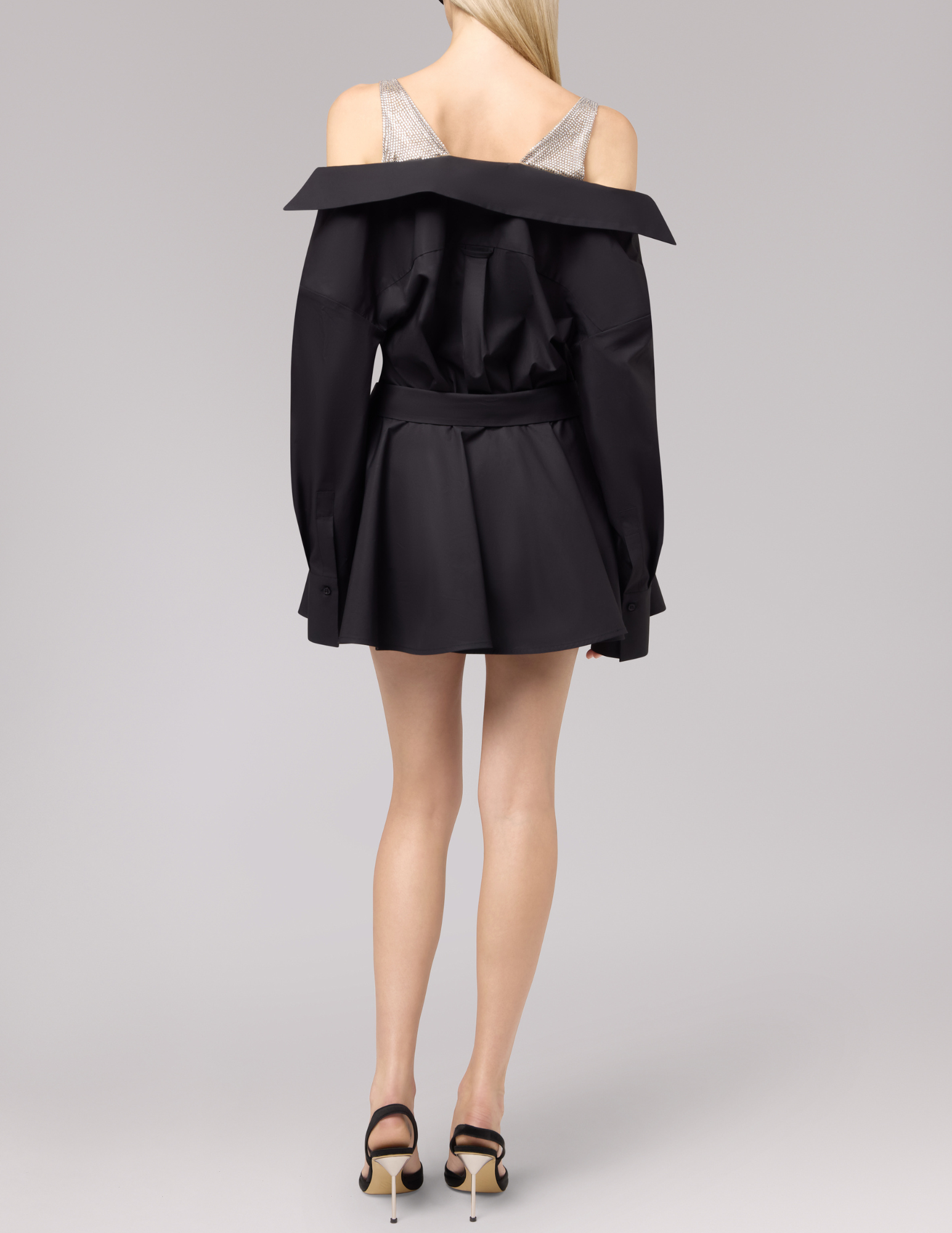 Back view of Giuseppe Di Morabito Embellished Off Shoulder Shirt Dress Black