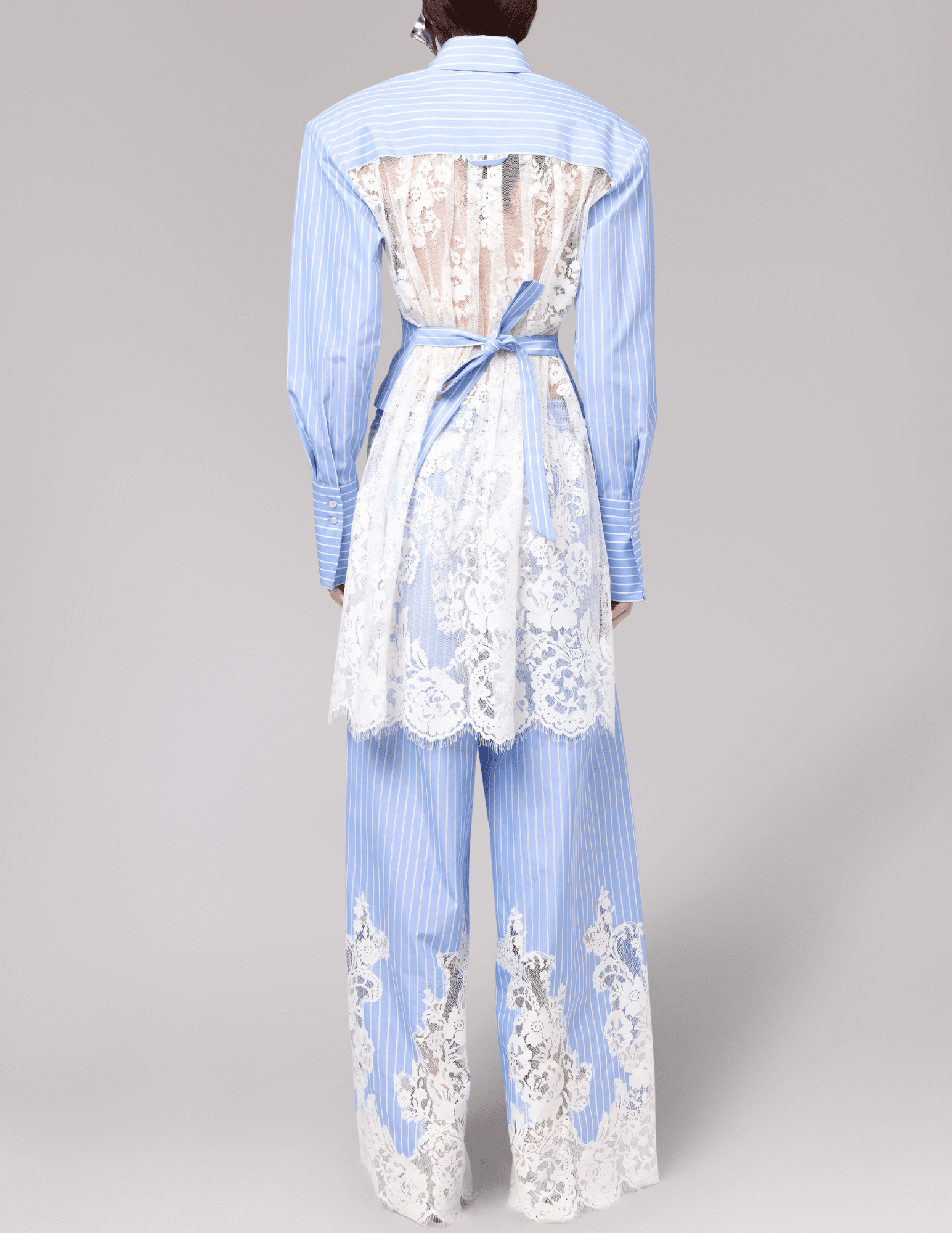 Back view of Giuseppe Di Morabito High-Lo Lace Back Shirt Blue White Stripe