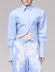 Front view of Giuseppe Di Morabito High-Lo Lace Back Shirt Blue White Stripe