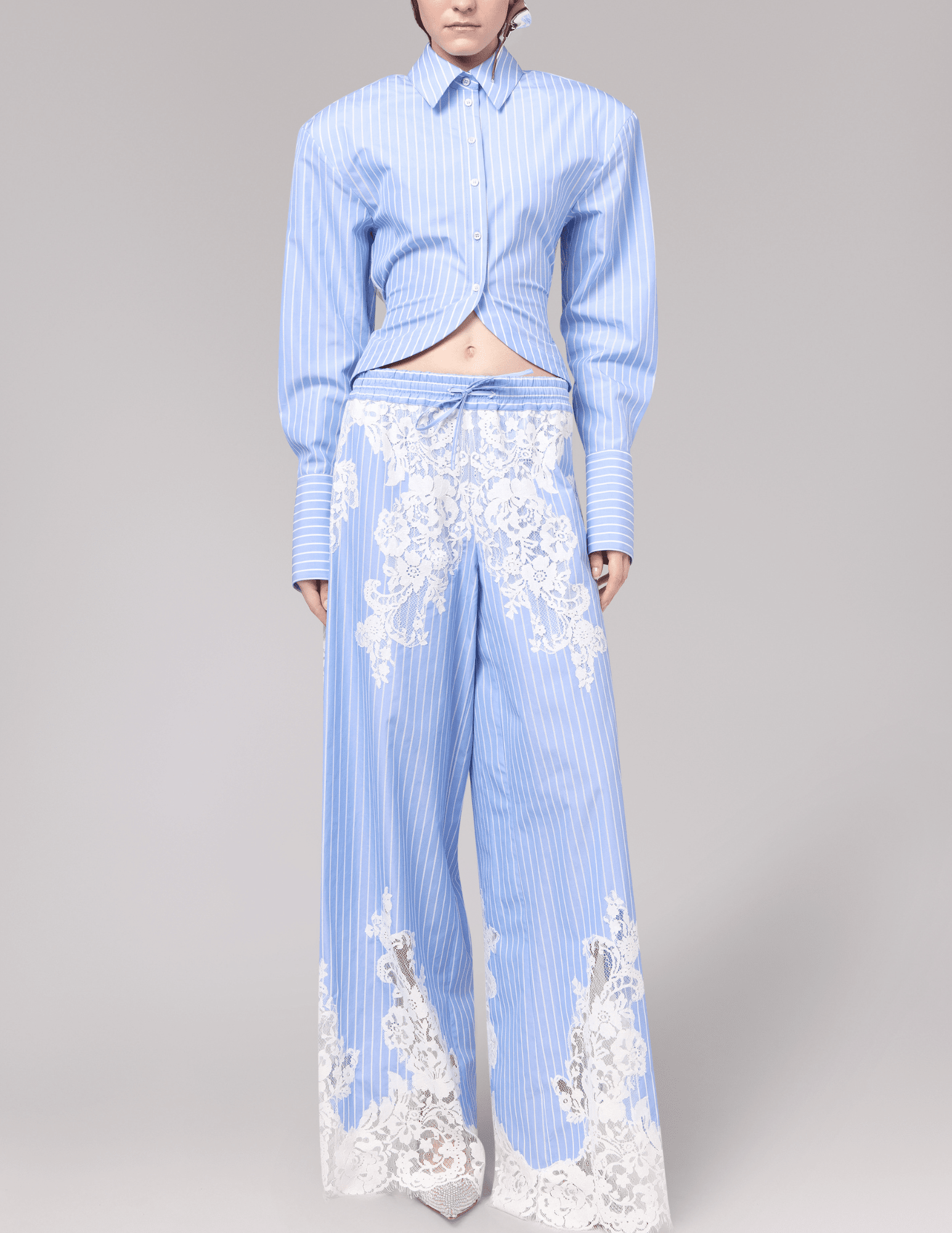 Full body view of Giuseppe Di Morabito High-Lo Lace Back Shirt Blue White Stripe