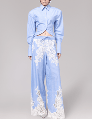 Full body view of Giuseppe Di Morabito High-Lo Lace Back Shirt Blue White Stripe