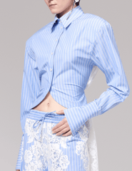 Side view of Giuseppe Di Morabito High-Lo Lace Back Shirt Blue White Stripe