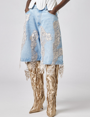 Front view of Giuseppe Di Morabito Lace Detail Denim Shorts Light Blue Nude