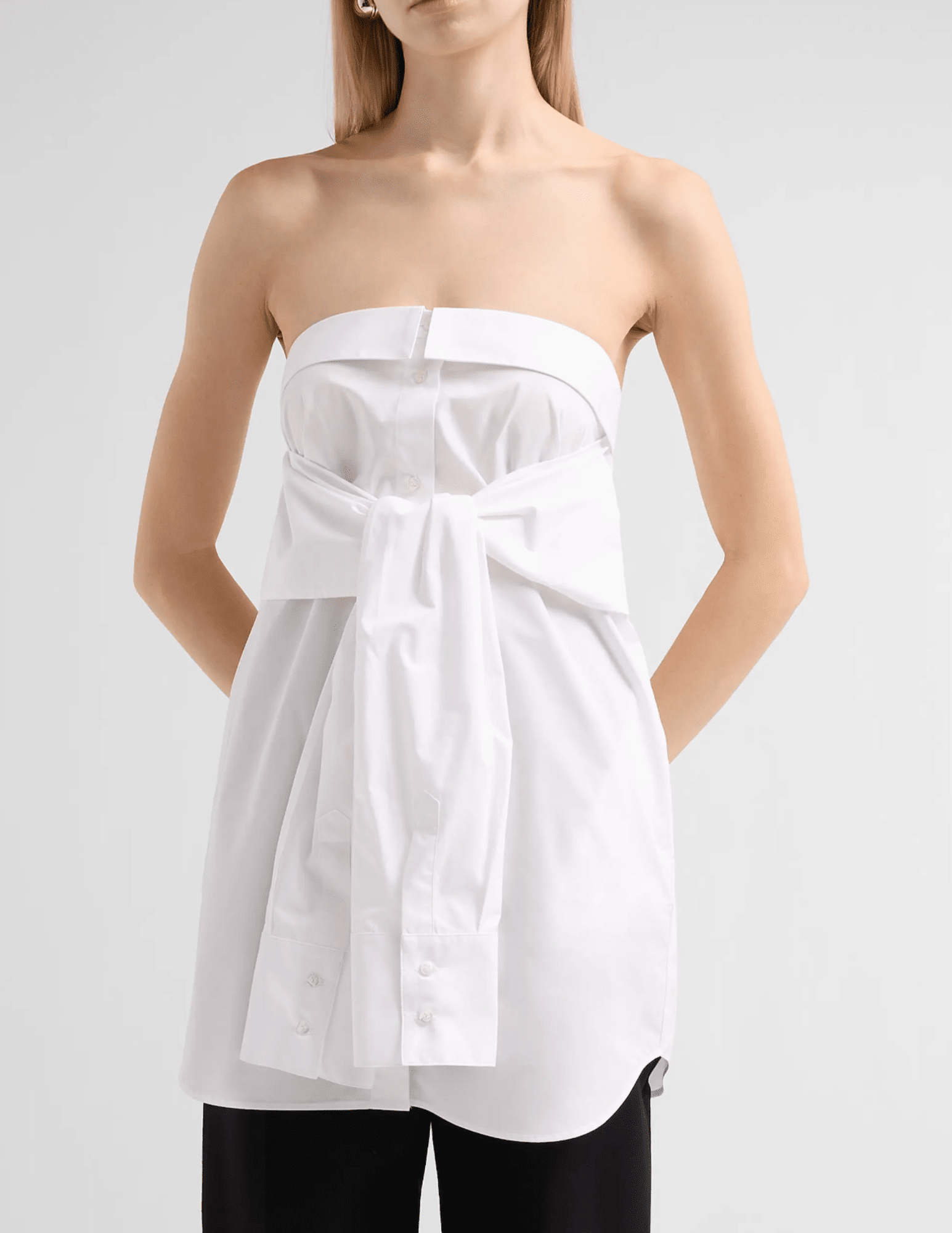 Front view of Giuseppe Di Morabito Strapless Tie Front Mini Shirt Dress White