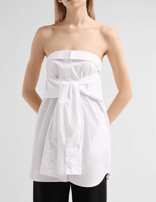 Front view of Giuseppe Di Morabito Strapless Tie Front Mini Shirt Dress White