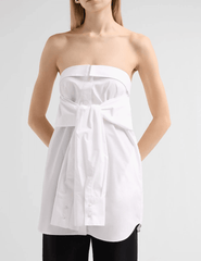 Front view of Giuseppe Di Morabito Strapless Tie Front Mini Shirt Dress White