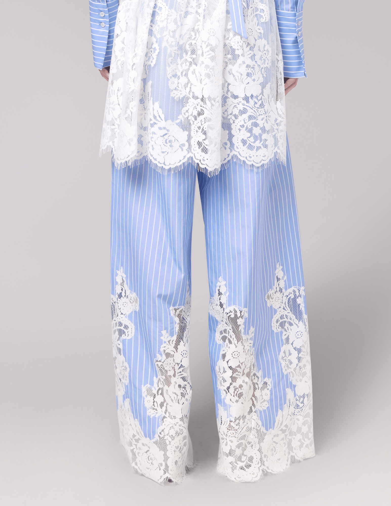 Back view of Giuseppe Di Morabito Wide Leg Lace Trim Pant Blue White Stripe