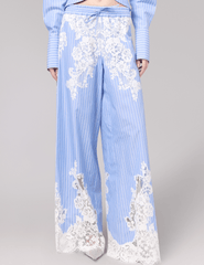 Front view of Giuseppe Di Morabito Wide Leg Lace Trim Pant Blue White Stripe