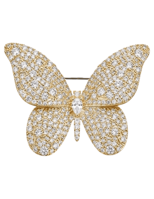 Gold pavé butterfly brooch with rhinestones front view
