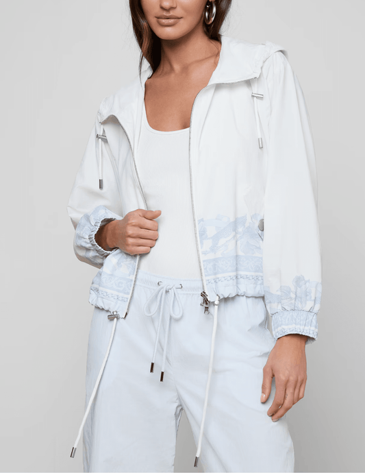 L'AGENCE Miro Hooded Windbreaker in Pale Mist Blue Multi Leopard Scarf front