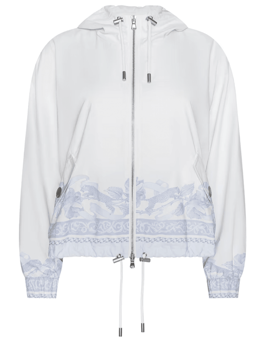 L'AGENCE Miro Hooded Windbreaker in Pale Mist Blue Multi Leopard Scarf