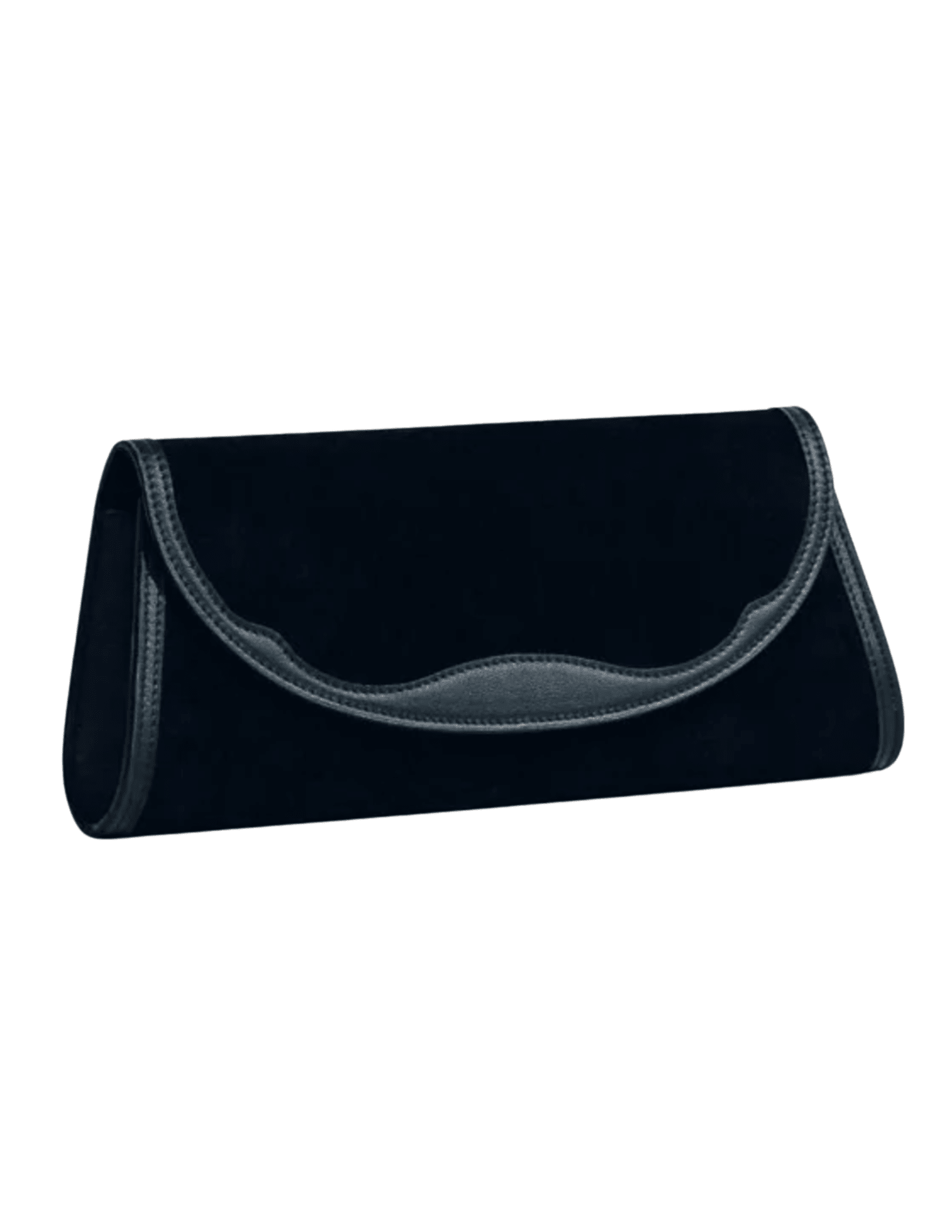 Angled view of Hunting Season Opera black suede clutch with structured silhouette
