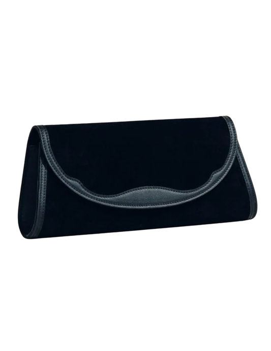 Angled view of Hunting Season Opera black suede clutch with structured silhouette