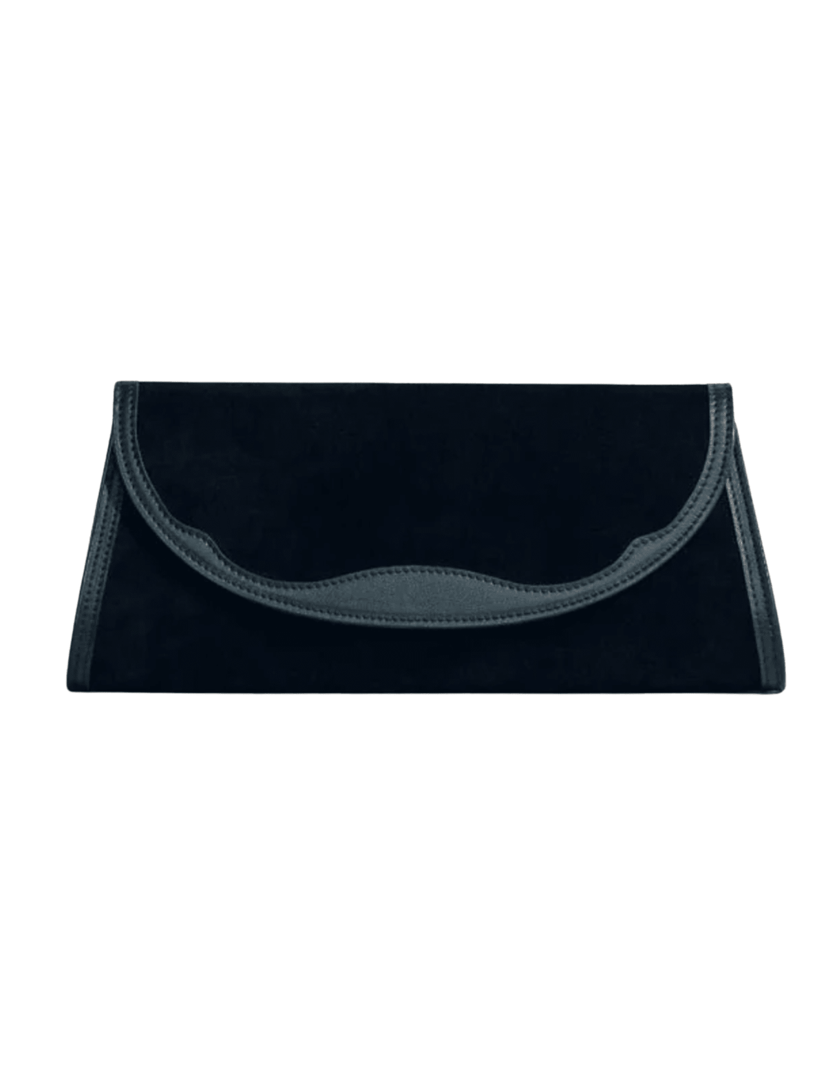 Hunting Season Opera black suede clutch with Western-inspired curved leather trim