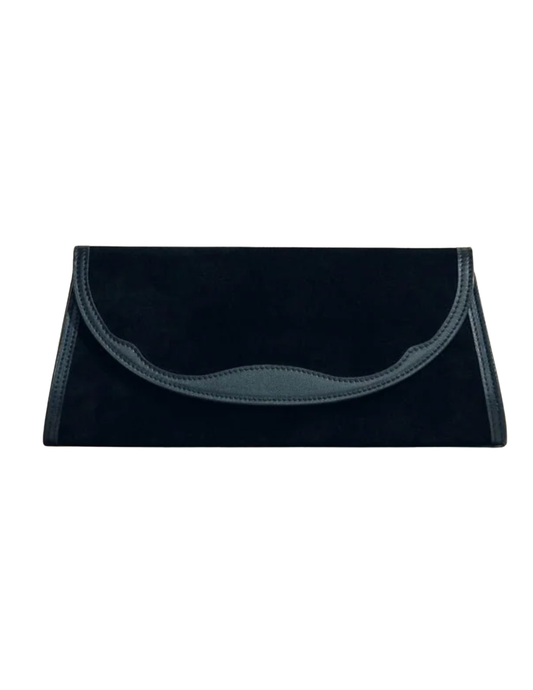 Hunting Season Opera black suede clutch with Western-inspired curved leather trim