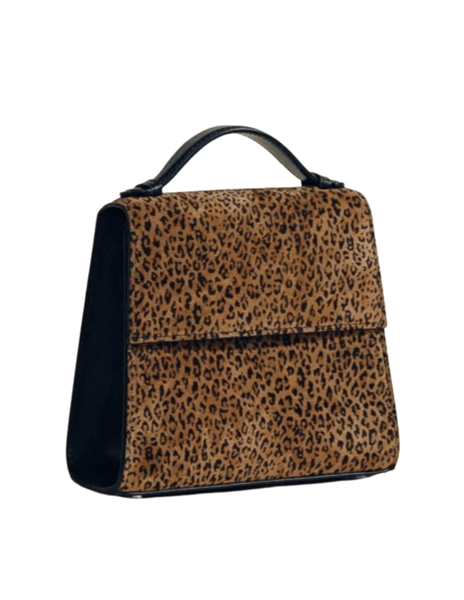 Side view of Hunting Season leopard-print suede handbag with structured silhouette
